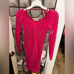 Gorgeous hot pink mini dress with sheer sleeves